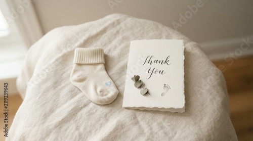 Neutral baby thank you card with single sock on soft linen surface for newborn announcement stationery and baby shower background