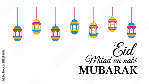 Cuadro en lienzo Lanterns decorate the top of a greeting card featuring the text Eid Milad un Nabi Mubarak for festive messaging