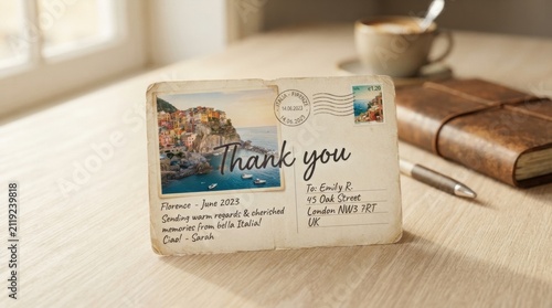 Thank you postcard on a wooden table with coffee cup and pen for greeting card mockup stationery and nostalgic travel background