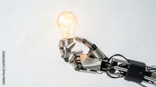 Robotic hand holding glowing light bulb on white background for innovation and technology concept banner or poster design