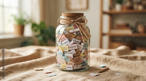 Mason jar filled with labeled gratitude notes and colorful paper slips for jar of thanks display, gift idea and home decor background