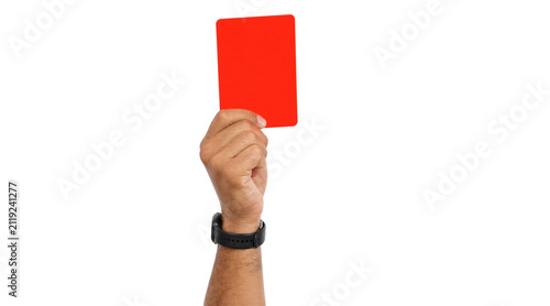 Referee Hand Holding Red Card on Black Background