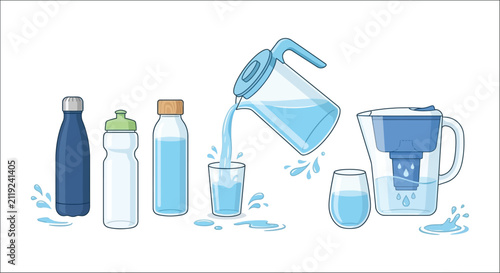 Collection of water containers and glassware a vector illustration with a light blue color scheme beverage bottles carafe container