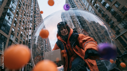 Person Inside Bubble with Floating Balls Urban Setting