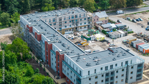 Aerial view of a newly constructed modern apartment building in Gorzow Wielkopolski, Poland