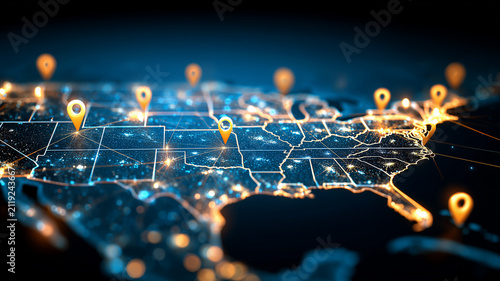 Map of the United States connected by location pins represents nationwide logistics and distribution infrastructure.

