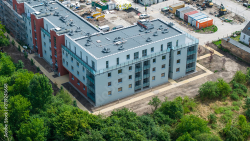 Aerial view of a newly constructed modern apartment building in Gorzow Wielkopolski, Poland