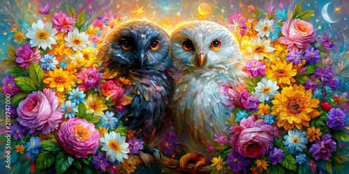 Enchanting fantasy painting of two colorful owls surrounded by vibrant flowers and glowing starlight, celebrating love, companionship, nature, magic, and whimsical woodland beauty.