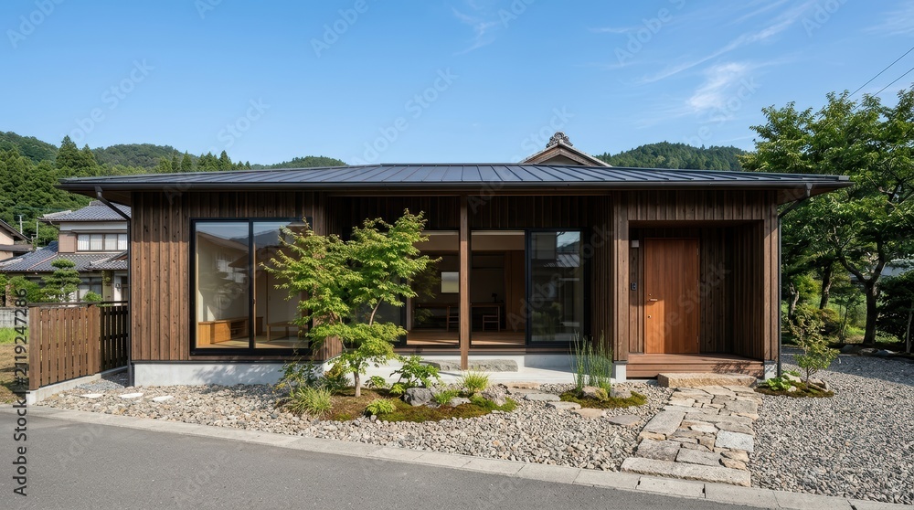 Fototapeta premium Japanese wooden house exterior d - Traditional design, Garden