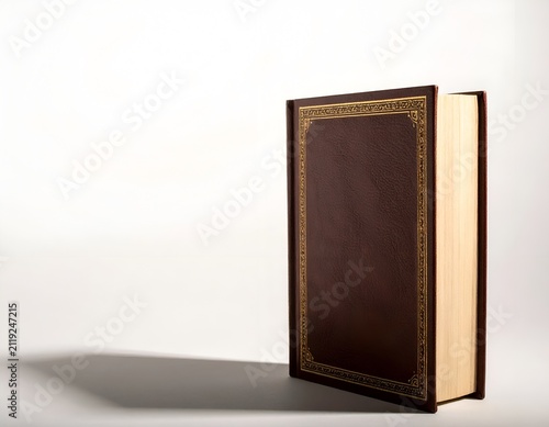 Brown Hardcover Book with Gold Trim Standing Upright on a White Background