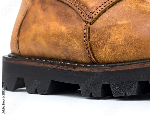Close-up of a rugged tan leather work boot with a thick black rubber lug sole