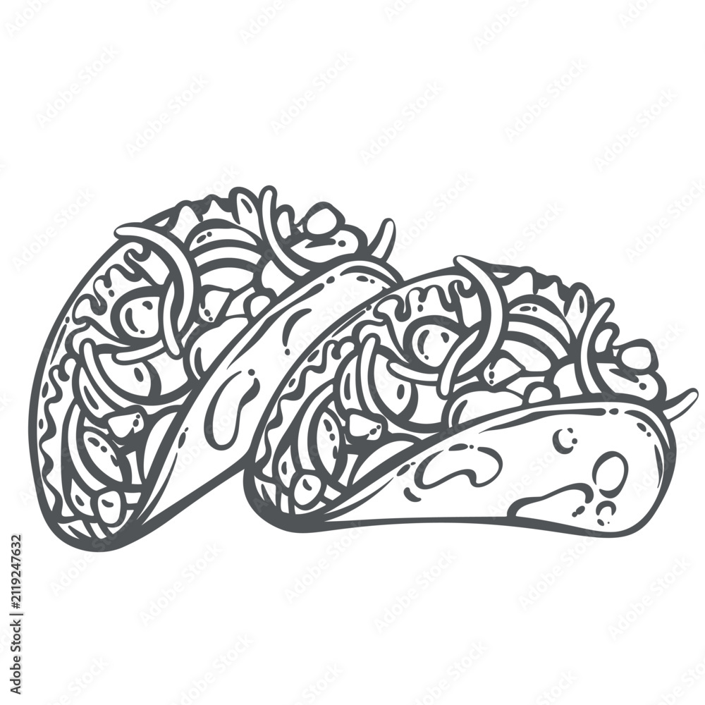 Obraz premium Taco outline with two filled shells, beef, lettuce, peppers, corn and mushrooms. Menu, packaging and coloring pages feature this taco outline in monochrome hand drawn style, vector illustration.