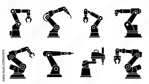Set of industrial robotic arm silhouettes flat vector design for automation and manufacturing concepts isolated on white background