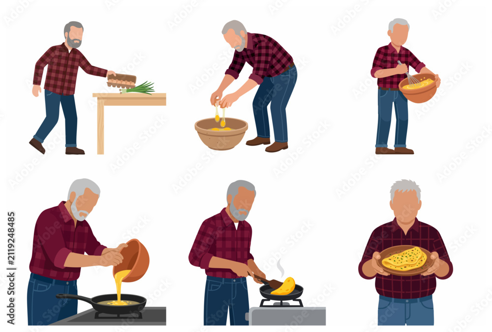 Fototapeta premium Senior man cooking delicious omelet step by step flat vector illustration set