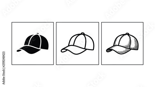 Collection of baseball cap icons in silhouette line drawing and sketch styles