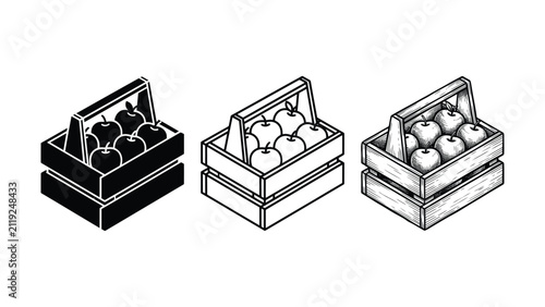 Collection of three isometric apple crates filled with fresh fruit and produce