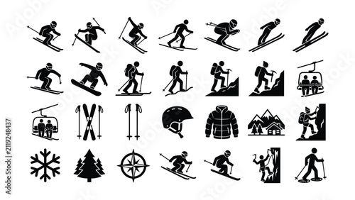 Collection of winter sport and mountain activity pictogram icons for outdoor adventure