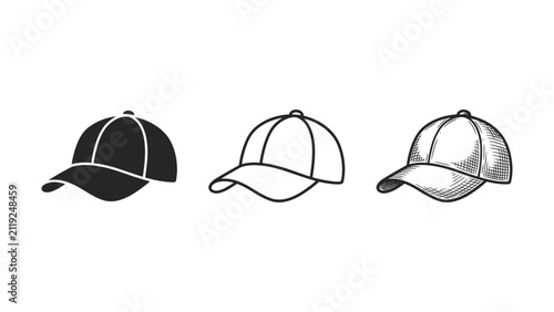 Collection of three baseball cap illustrations in different styles isolated on white background