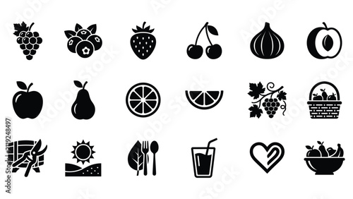 Collection of various fresh fruit and healthy food icons for nutrition concept