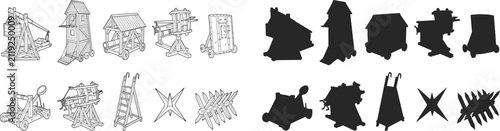 Foto WebSet of medieval siege weapons and military war equipment vector icons with ou