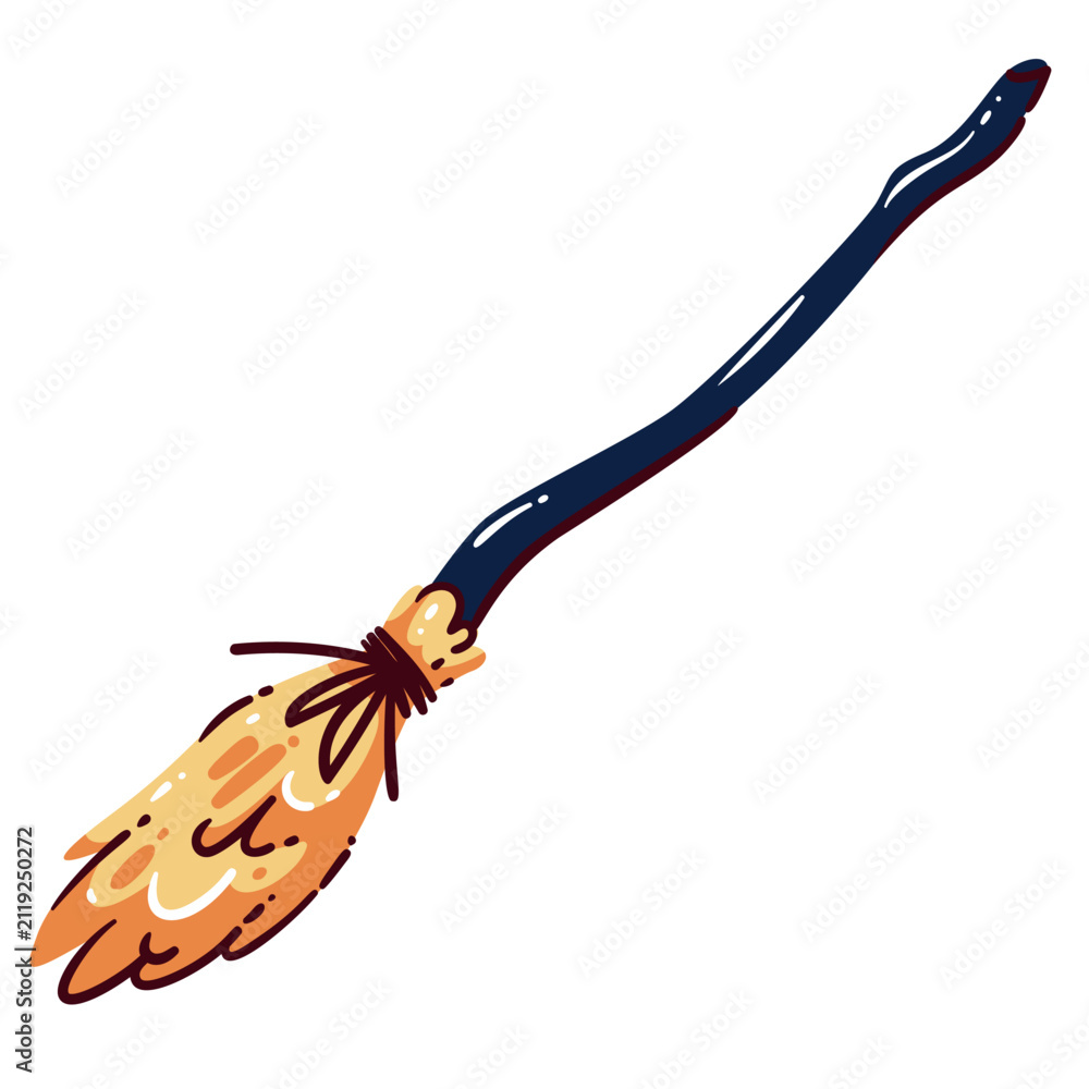 Fototapeta premium Witch broom with a long curved handle, tied straw bristles and dark magical styling. Halloween decor and fantasy graphics featuring a witch broom, cartoon vector illustration.