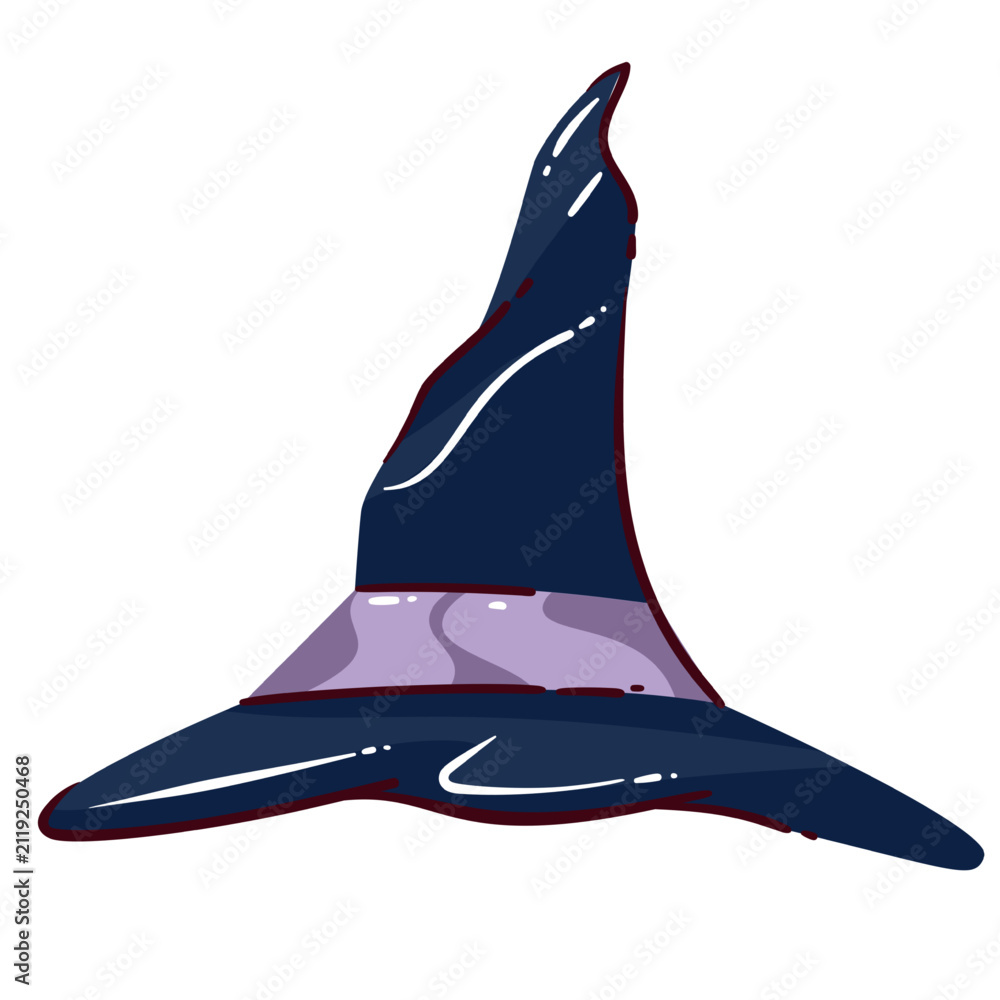 Fototapeta premium Witch hat with a tall curved crown, wide brim and purple band. Halloween costume, party and magical decor featuring a witch hat, cartoon vector illustration.