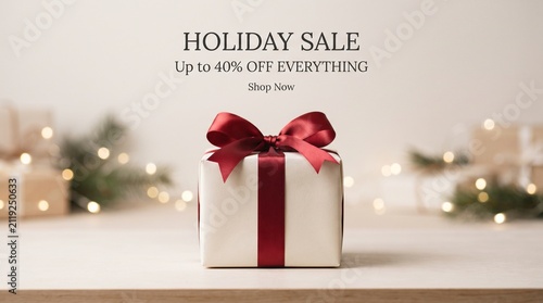 Christmas sale banner with gift box and red ribbon, holiday promotion background