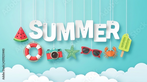 Summer vacation illustration with water and fun icons