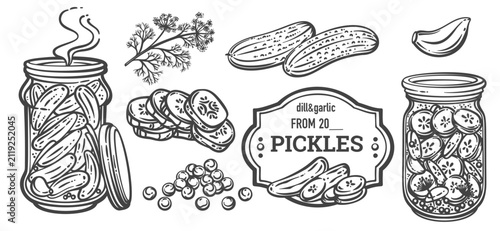 Pickle making set with jars, cucumbers, sliced pickles, dill, garlic and peppercorns. Recipe, label and packaging graphics featuring a pickle making set, monochrome vector illustration.