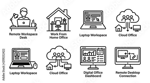 Remote Work and Home Office Business Line Icon Set