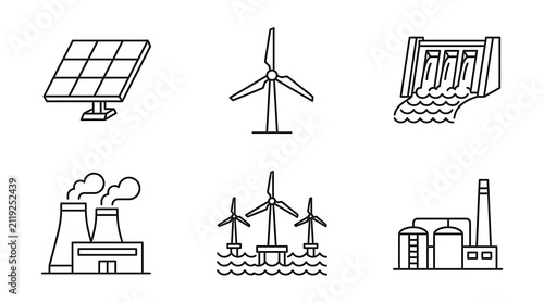 Renewable and Industrial Energy Production Line Icon Set