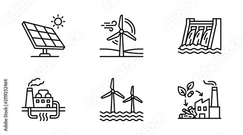 Renewable Energy Icons Set Green Power Linear Symbols