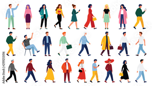 Large set of diverse people walking, standing, and sitting in colorful casual and professional outfits on a white background