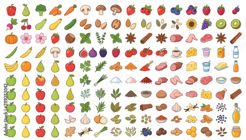 Large set of colorful food vector icons featuring fruits, vegetables, spices, herbs, nuts, dairy, meat, and beverages on a white background