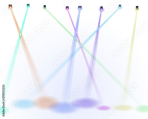 Принти на полотні Abstract colorful light beams and glowing spotlights shining downwards in a mode
