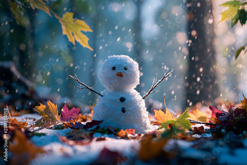Small Snowman in Autumn Forest with Falling Leaves