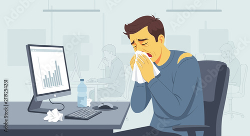 Office Worker Battling Cold Symptoms While Working On Graphics