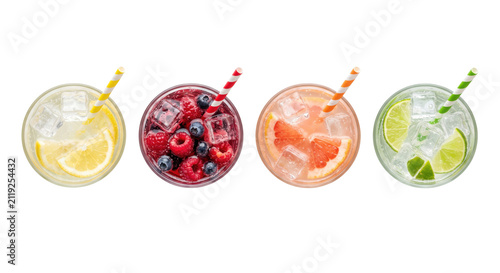 Refreshing summer fruity cocktails in top view set isolated on transparent background