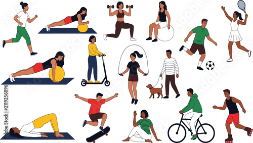 Set of diverse people engaging in various sports and outdoor fitness activities including running, cycling, yoga, skating, and ball games on a white background
