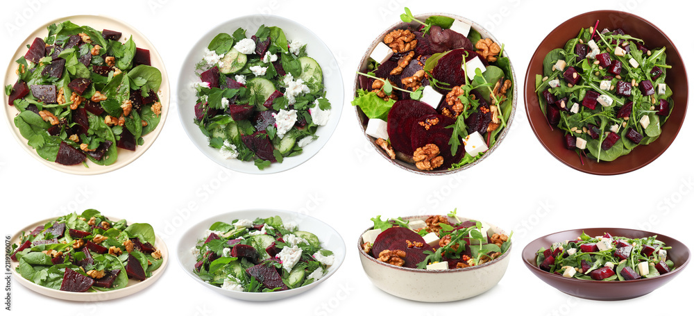 Fototapeta premium Fresh salads with beet isolated on white, set. Top and side view