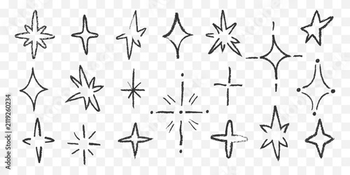 Pencil chalk texture sparkle stars collection in doodle style. Sketch glitter, twinkle icons celestial element set. Creative comic shine symbols for social media, packaging, stickers, festive design