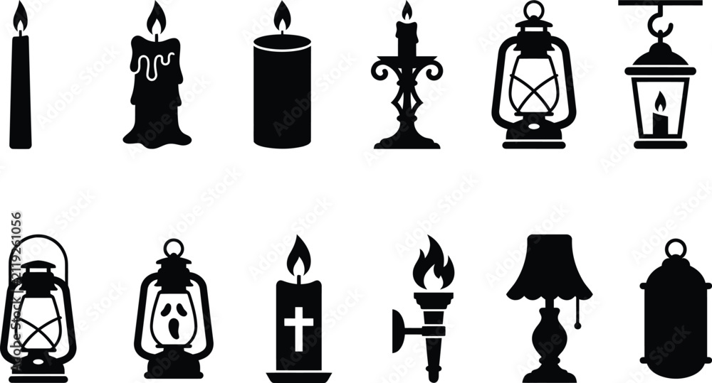 Naklejka premium Collection of black lighting silhouettes, featuring candles, lanterns, torches, and lamps, isolated on a white background, for halloween, gothic, or vintage-themed projects and