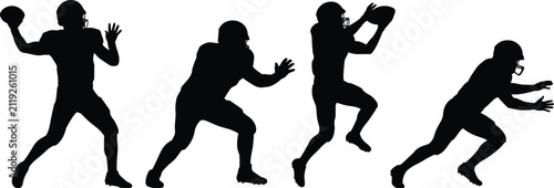 Set of American football player silhouettes showcasing passing, blocking, catching, and running actions in sports