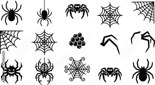 Foto Collection of black spider and spider web silhouettes for halloween, featuring v