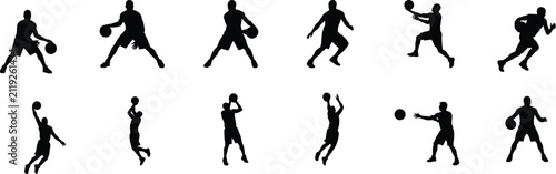 фотографія Set of dynamic basketball player silhouettes showcasing dribbling, shooting, pas