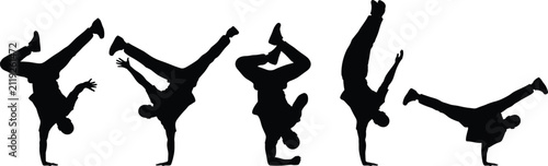 Fotografie Set of dynamic breakdancer silhouettes showcasing street dance, acrobatic poses,