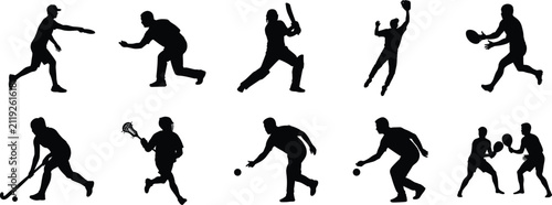Foto Set of dynamic stick and ball sport player silhouettes showcasing hockey, lacros