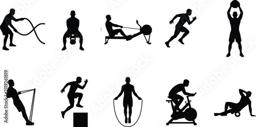 Quadro su tela Set of fitness workout silhouettes featuring men performing strength training, c