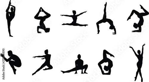 Set of gymnast silhouettes showcasing flexible acrobatic poses, artistic movement, and stretching routines