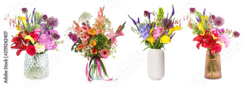 Bouquets of beautiful colorful flowers in vases isolated on white, set